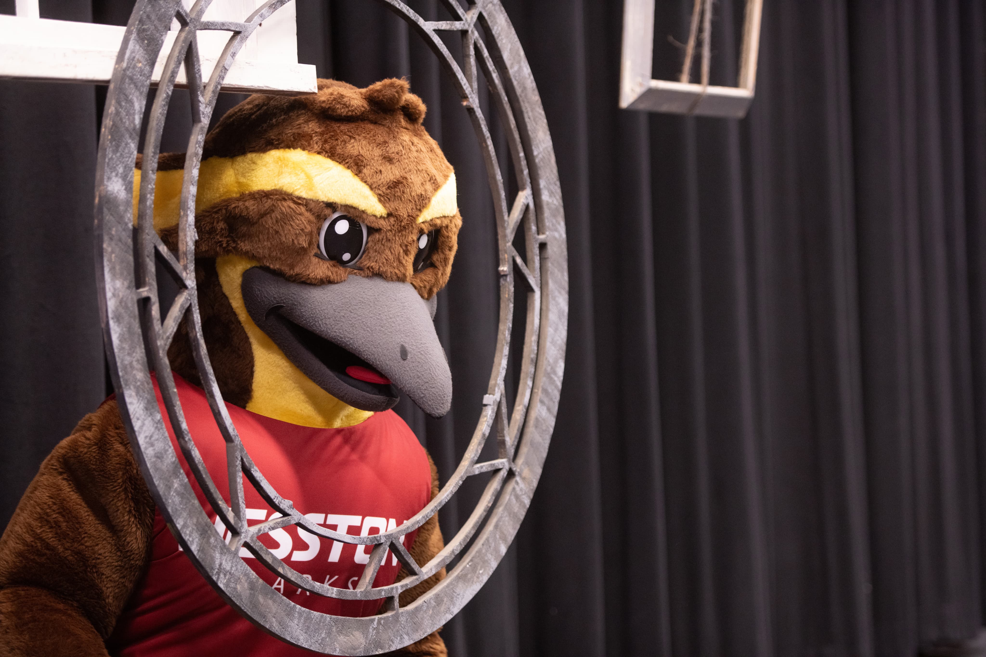 Hesston College mascot poses inside large circle prop.
