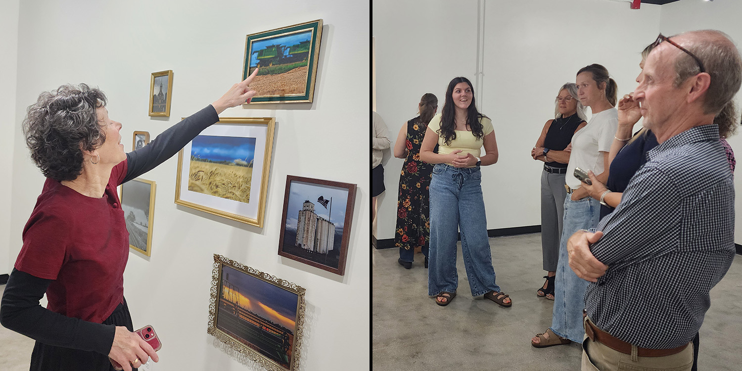 Onlookers at art exhibit.