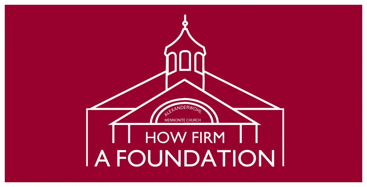 promotional graphic featuring line drawing of Alexanderwohl Mennonite Church and the text, 