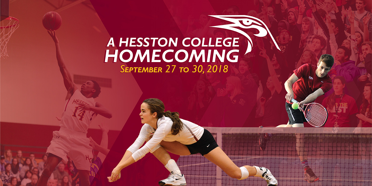 Hesston College Homecoming 2018 promo image featuring Lark athlets playing volleyball, tennis and basketball