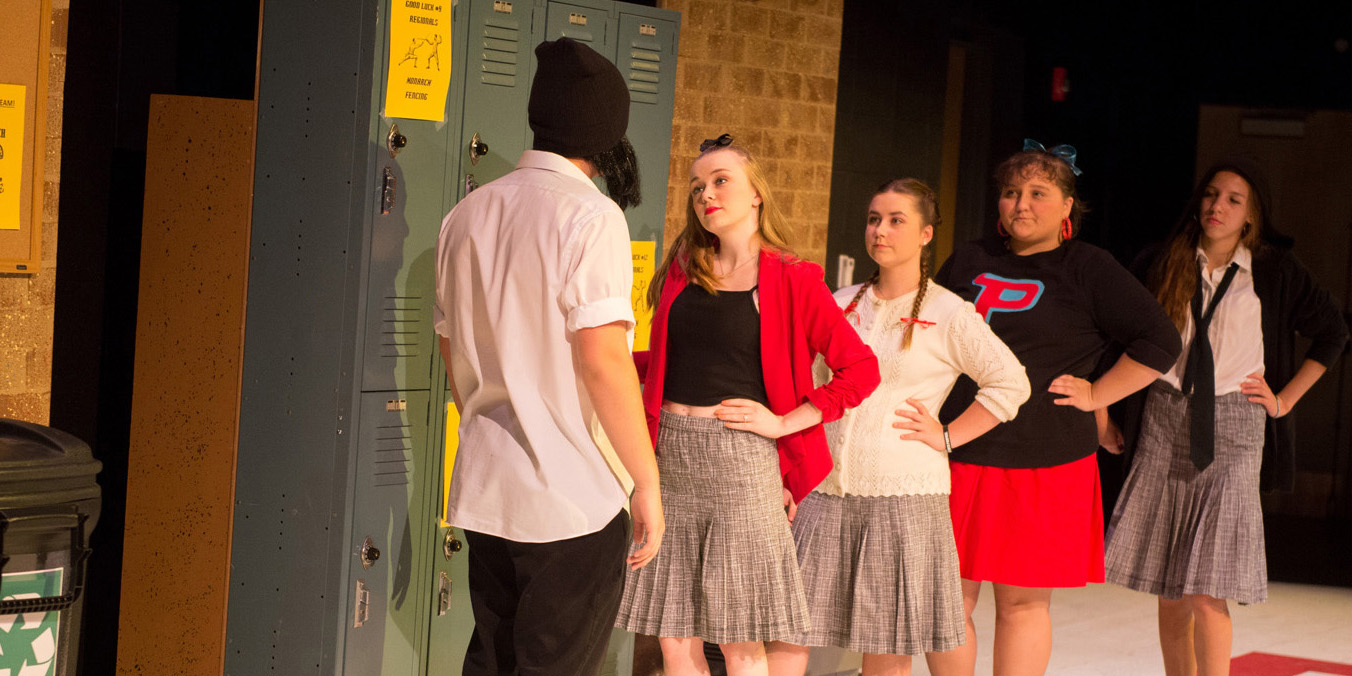 promo photo featuring five actors in the Hesston College production of The Misanthrope