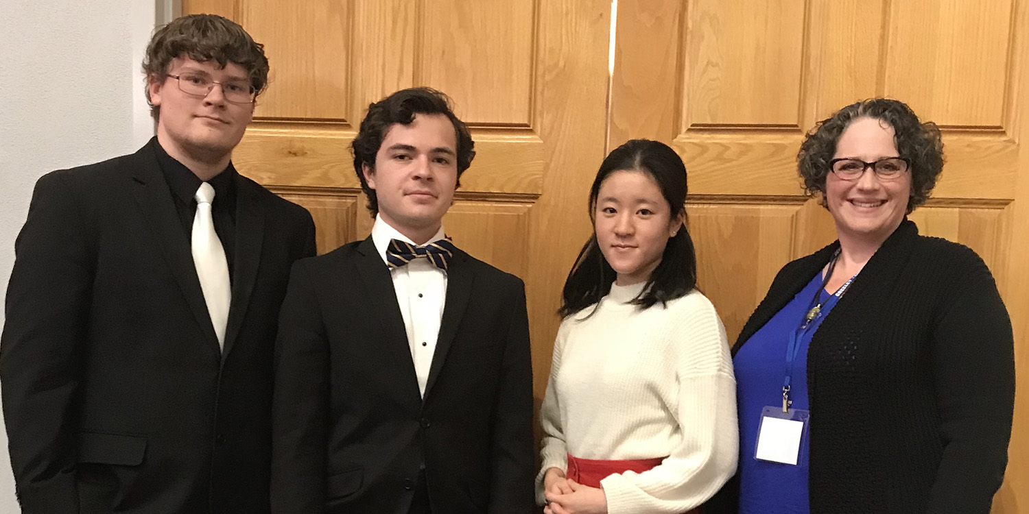 photo - Kenton Schroeder, Therin Smith, Risa Fukaya and music prof Holly Swartzendruber