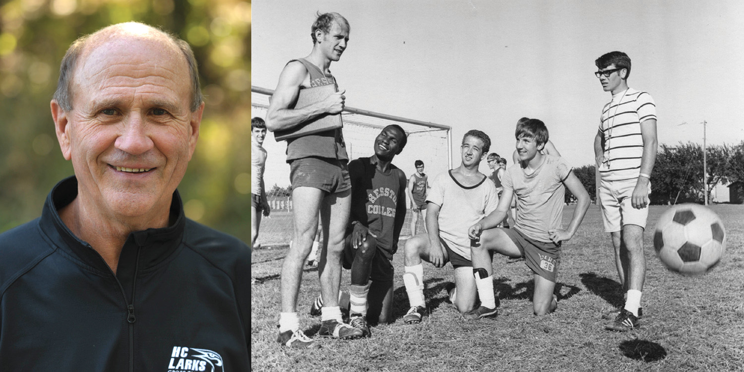 Two photos of Gerry Sieber - today and early in his soccer coaching career at Hesston College