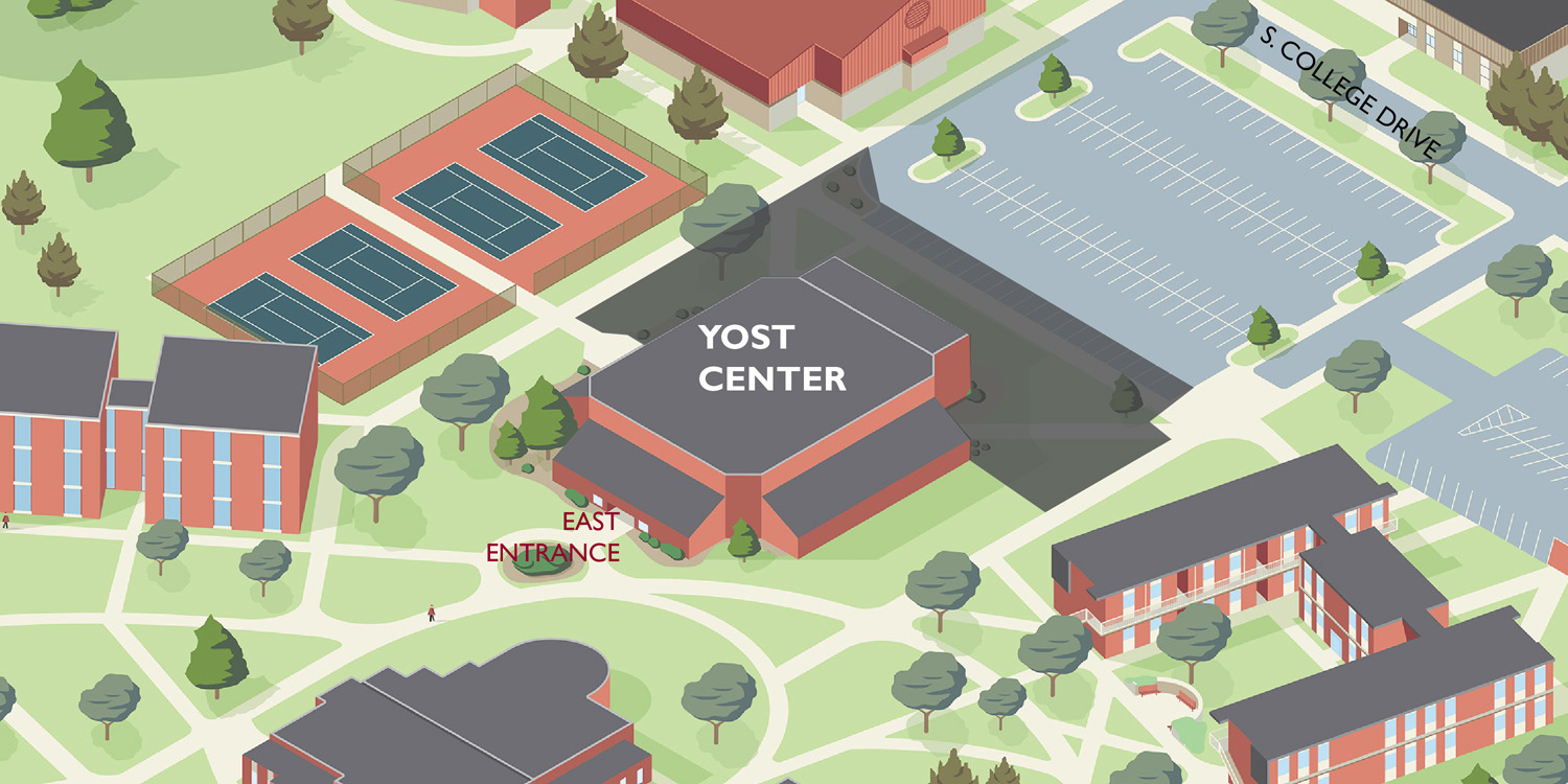 illustration depicting a construction zone around Yost Center