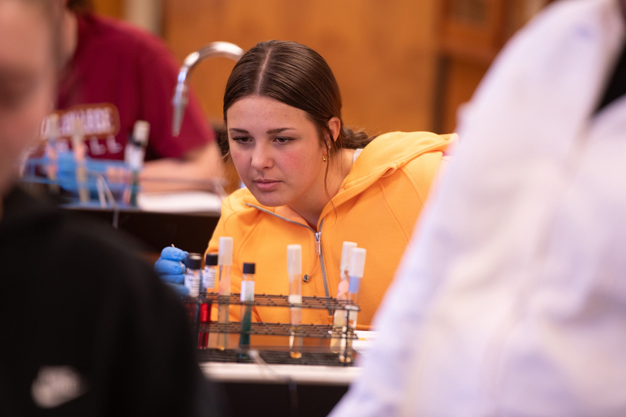 student studies test tubes in the lab